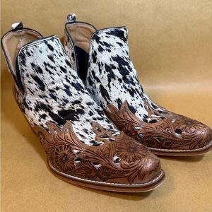 Myra Cowhide Tooled Leather Western Ankle Boots - Black and Brown